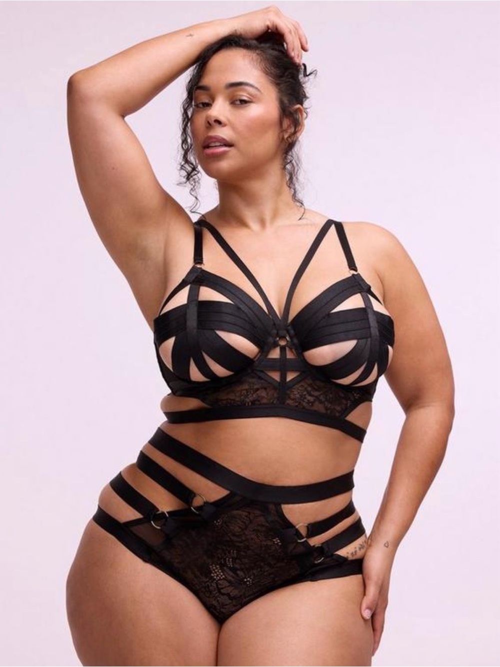 Torrid 00 Black Lace Cage Strappy Bra Panty Lingerie Set NWT